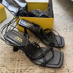 Zara Black Strappy Square-Toe Lace-Up Heels